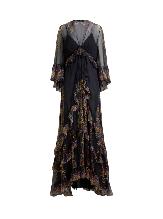 Long Silk Dress With Placed Paisley Foliage Print