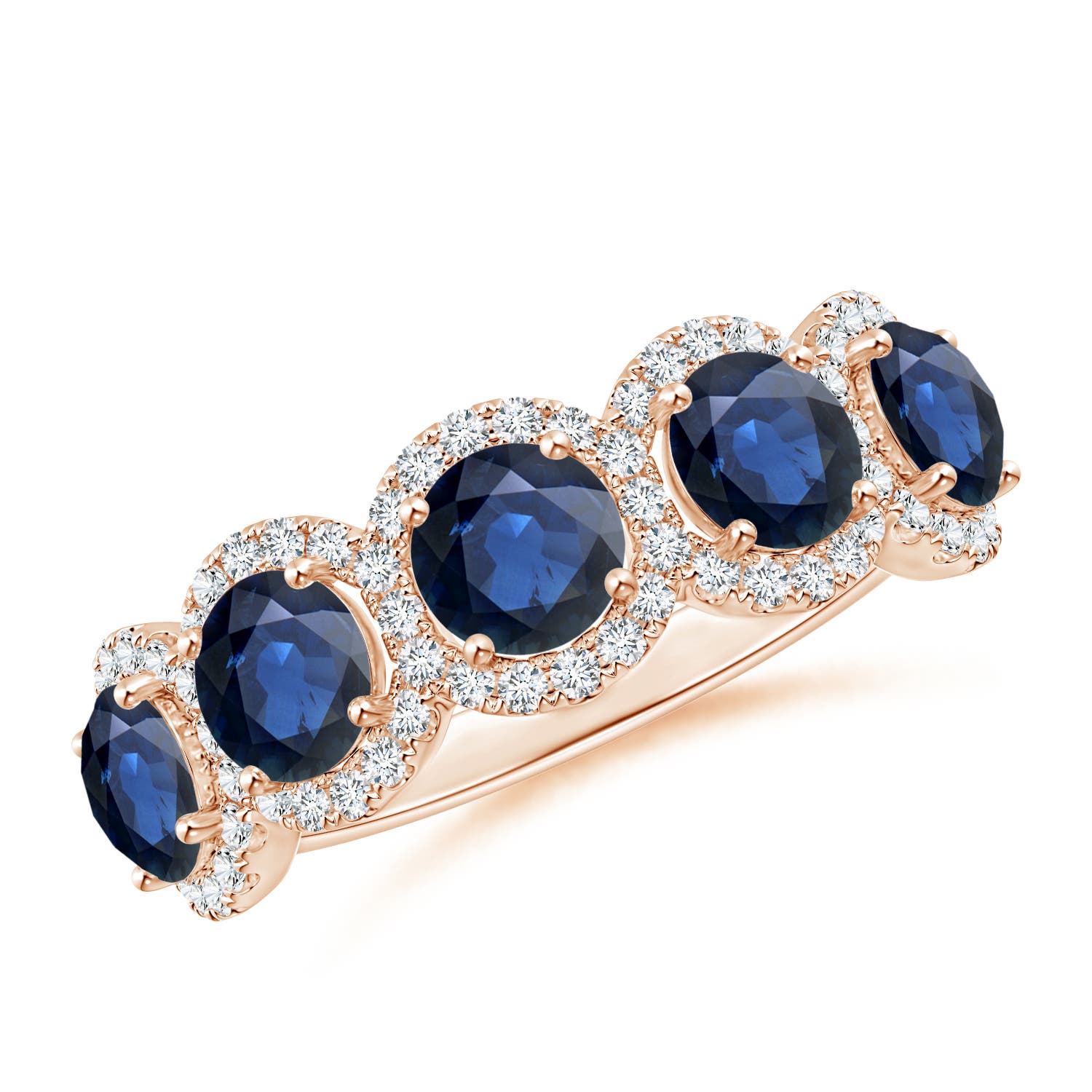 Angara 2.3 Carats Half Eternity Five-Stone Sapphire Halo Ring in 18K Rose Gold
