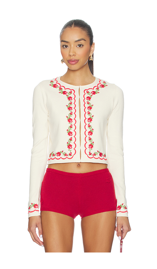 For Love & Lemons Rose Waltz Scalloped Knit Cardigan in Cream. - S also in