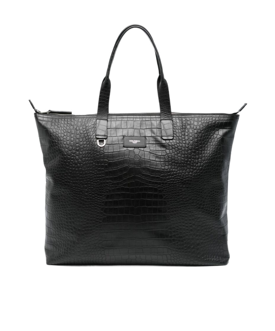 Crocodile-embossed leather tote bag