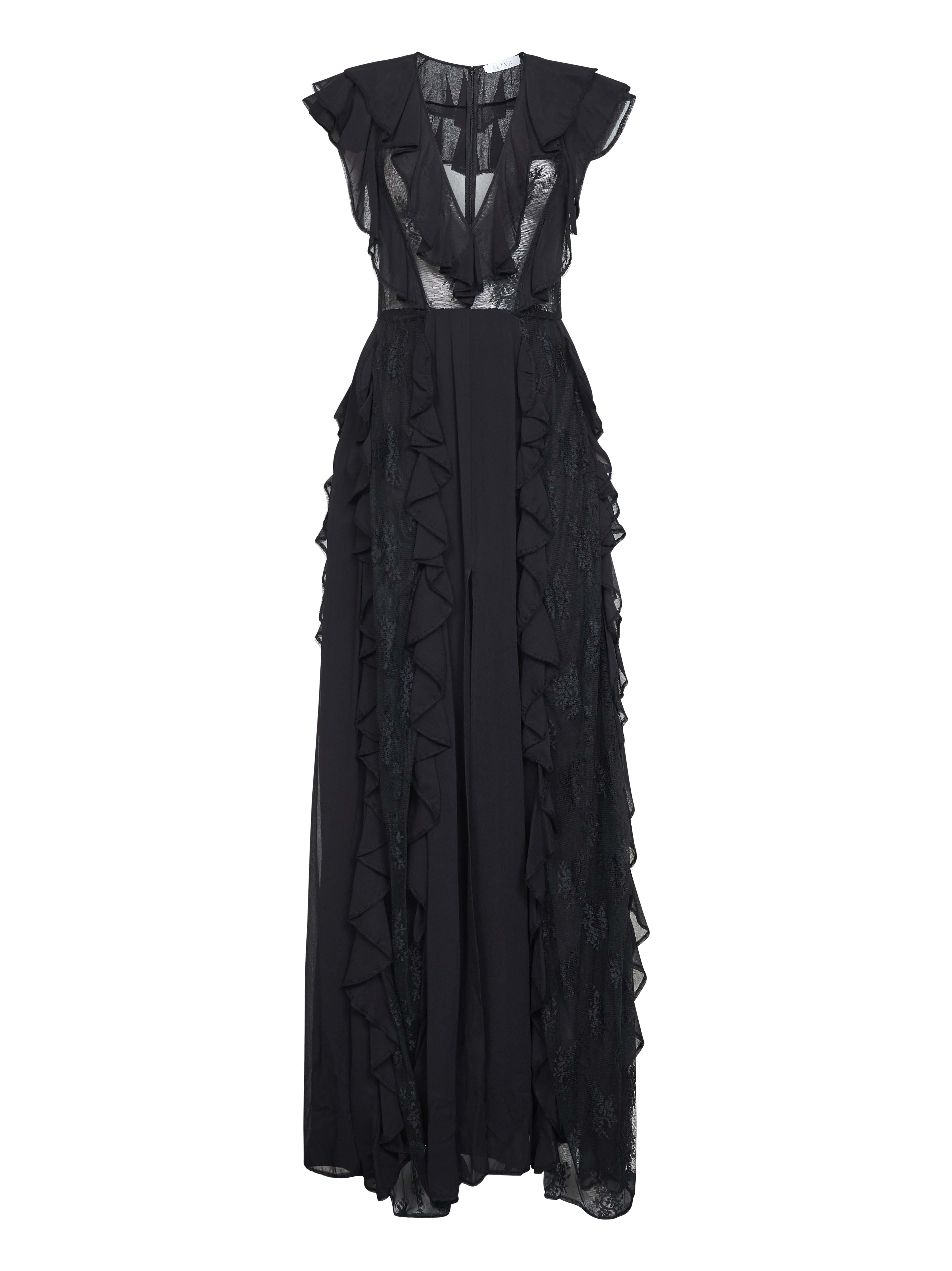 Lace Insert Georgette Dress — Black