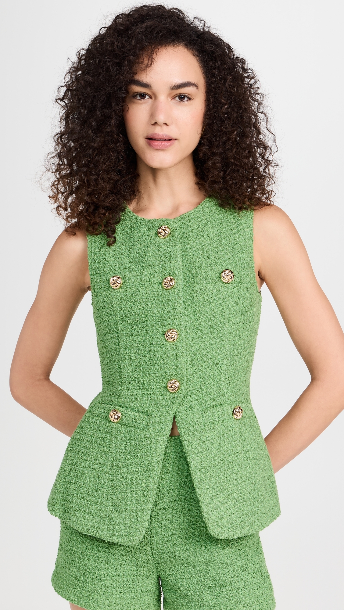 Tweed Buttoned Long Split Top Green