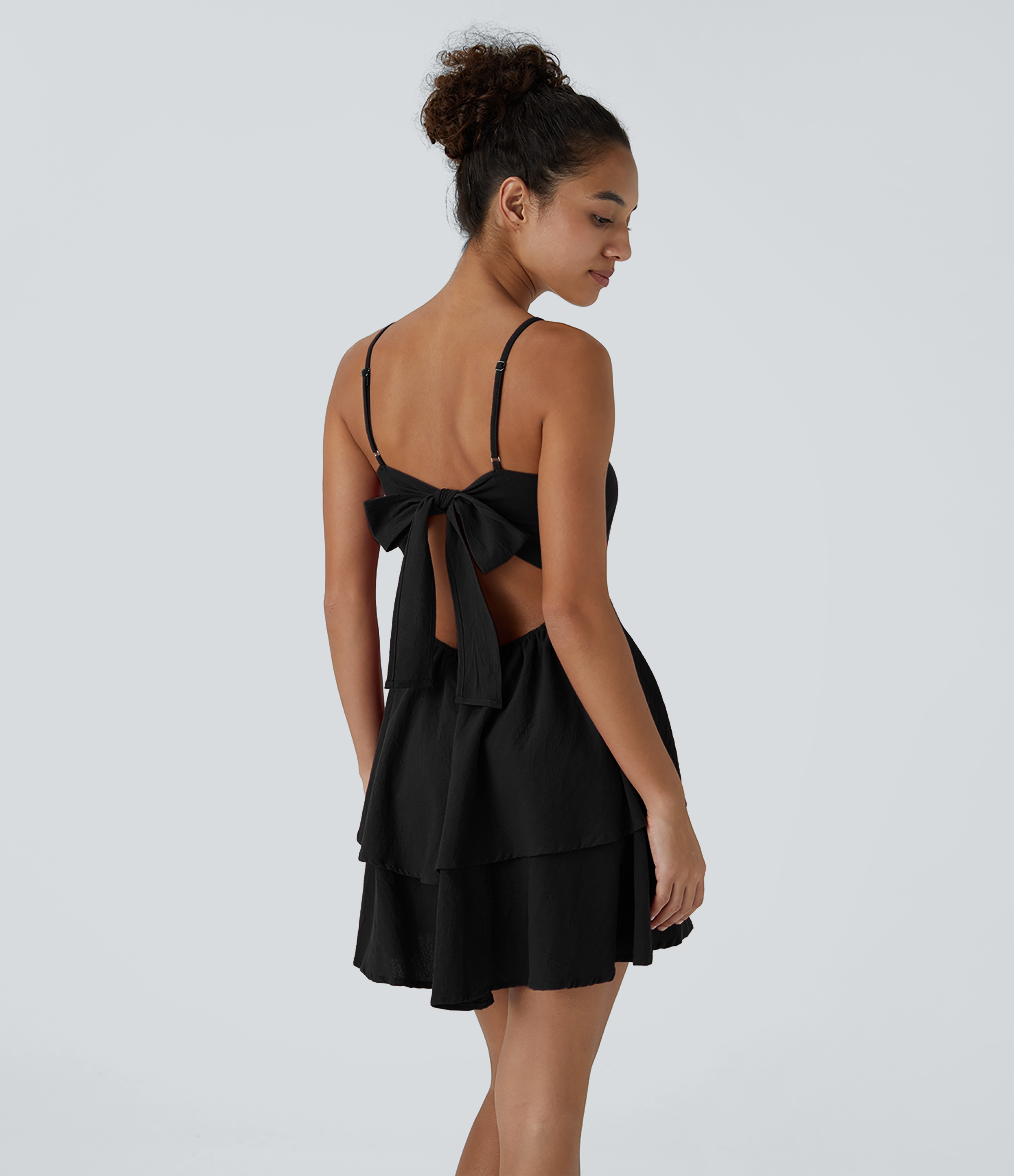 Tie Back Tiered Ruffle Flowy Slip Mini Casual Linen-Feel Dress Casual Dress - Black