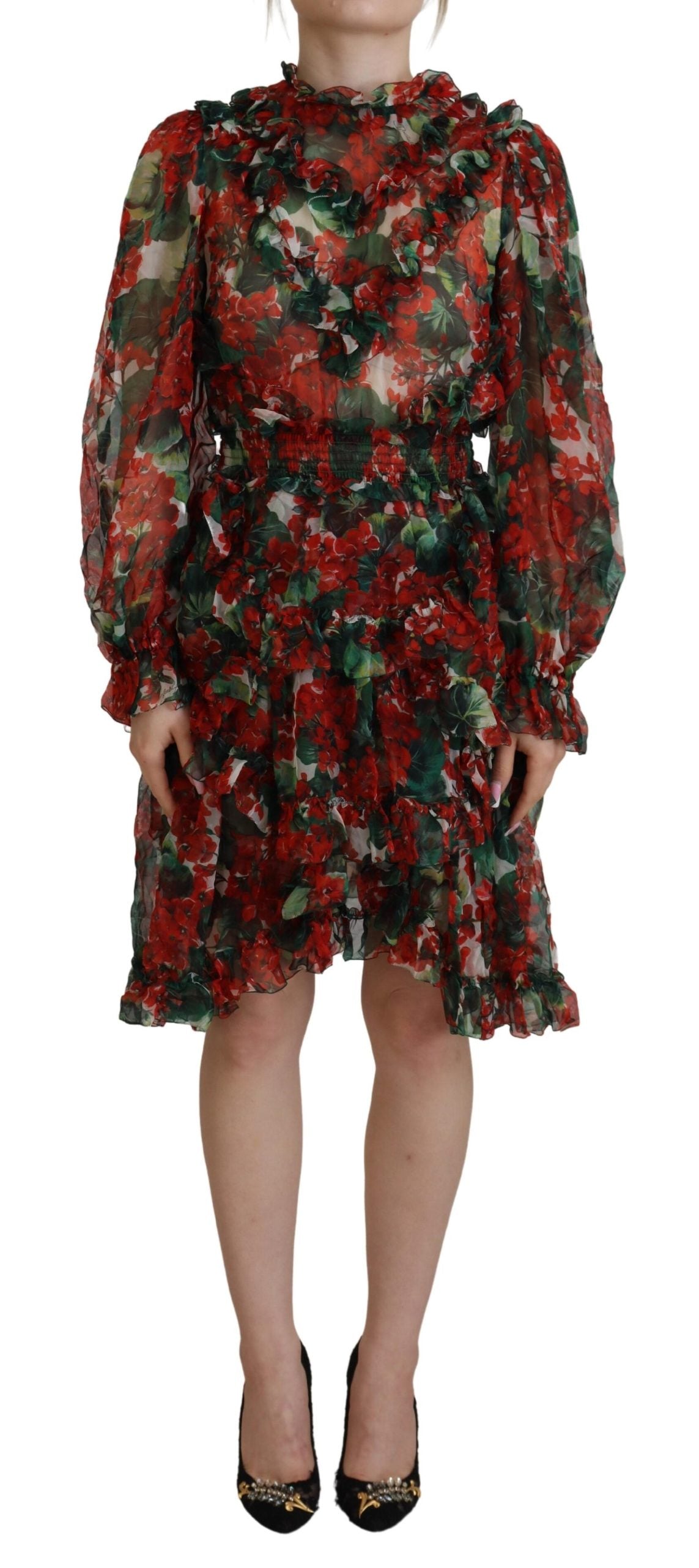 Geranium-Print Silk Dress — Multicolor