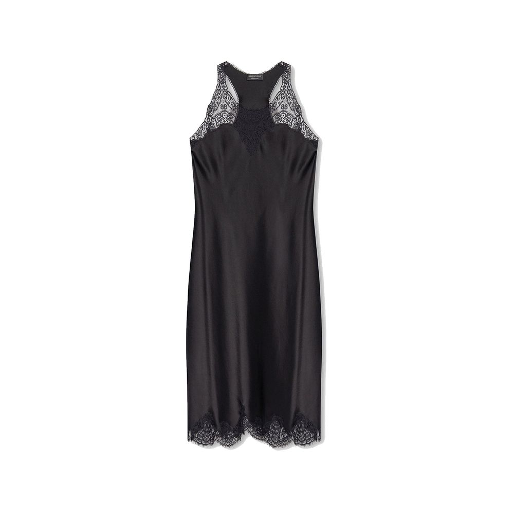 Lace-Trimmed Acetate Dress — Black