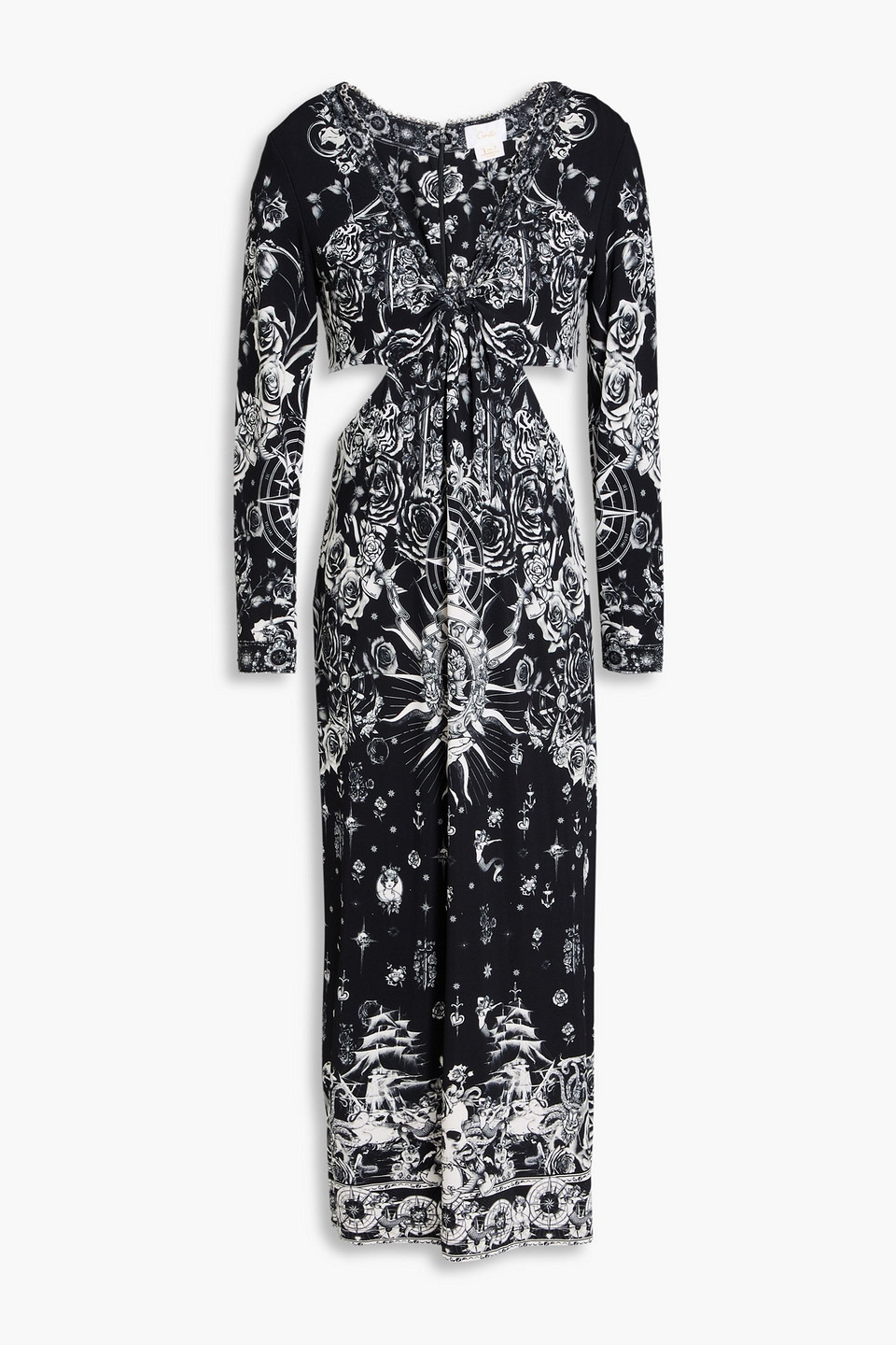Cutout printed embellished jersey midi dress - Black - XXS