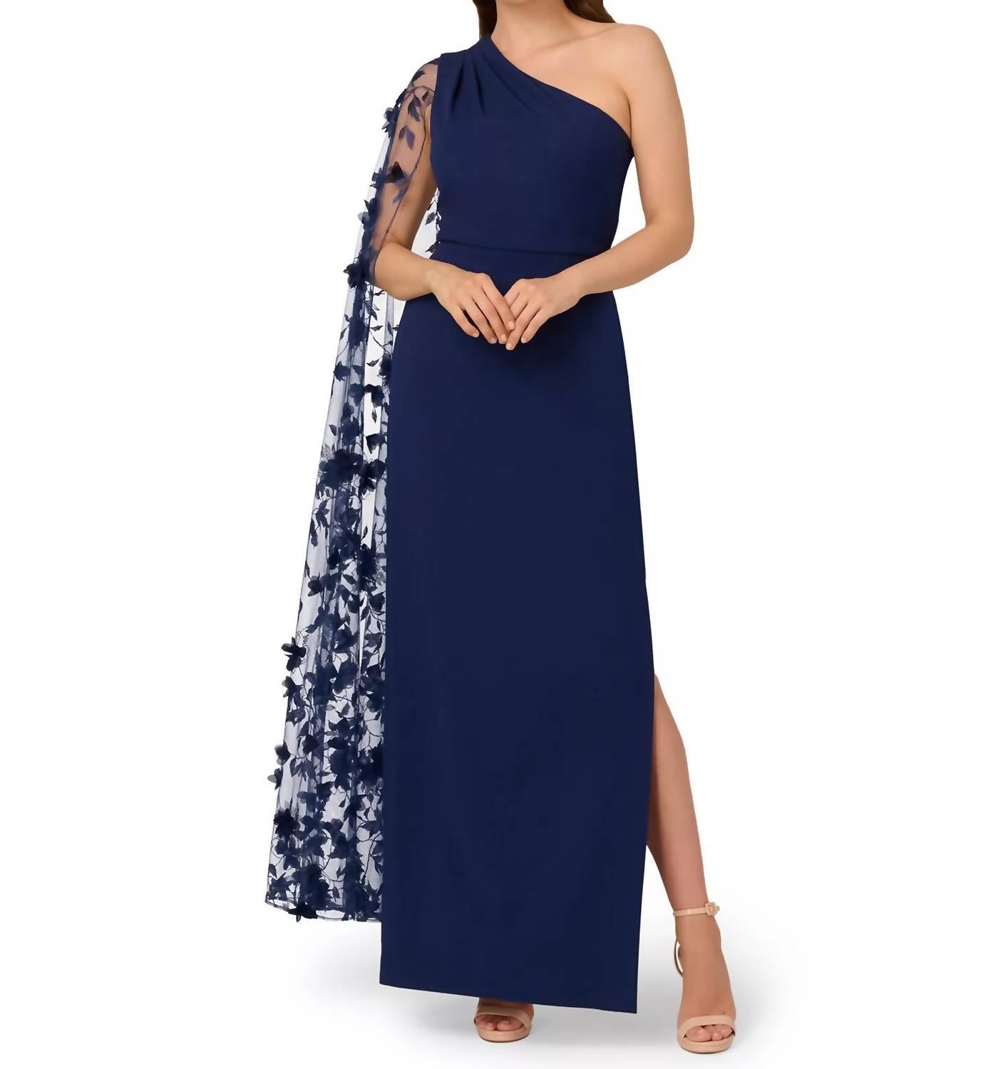 One Shoulder Floral Cape Sleeve Dress In Navy