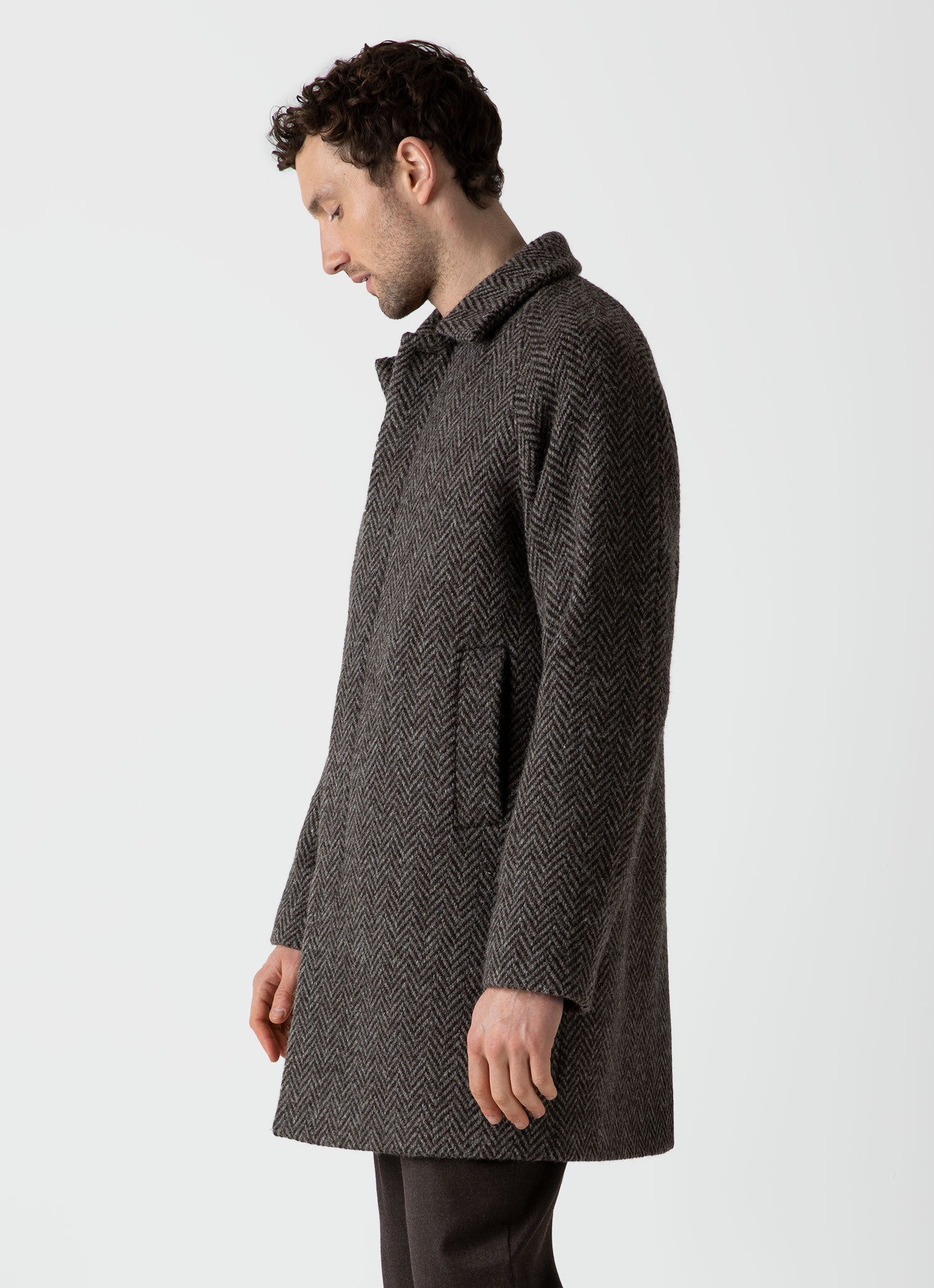 Men's British Wool Car Coat in Brown Herringbone 100% British Wool Fully Lined Regular Fit Mid Length Button Fastening