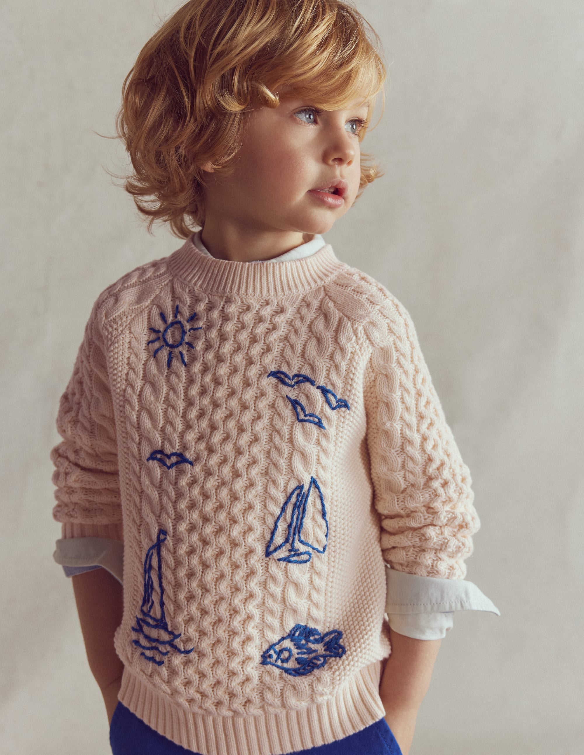 Boys Cable Embroidered Sweater in White | Size 2-3 Years