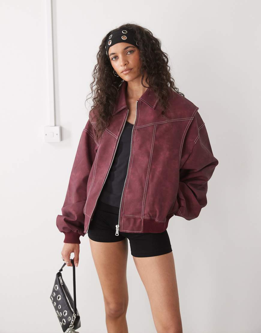 Exclusive leather look contrast stitch bomber jacket in wine red