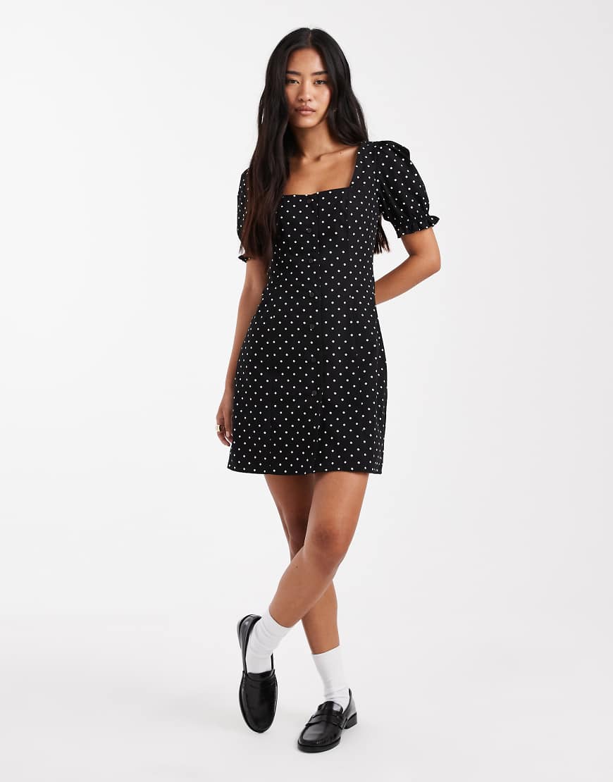 Puff sleeve mini dress in polka dot-Black