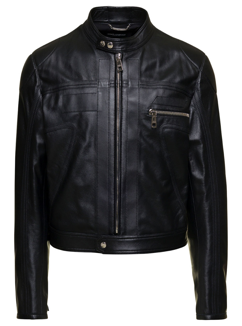 Black Cropped Biker Jacket With Padded Details In Nappa Leather Man