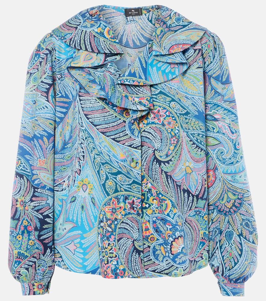Printed ruffled cotton-blend shirt