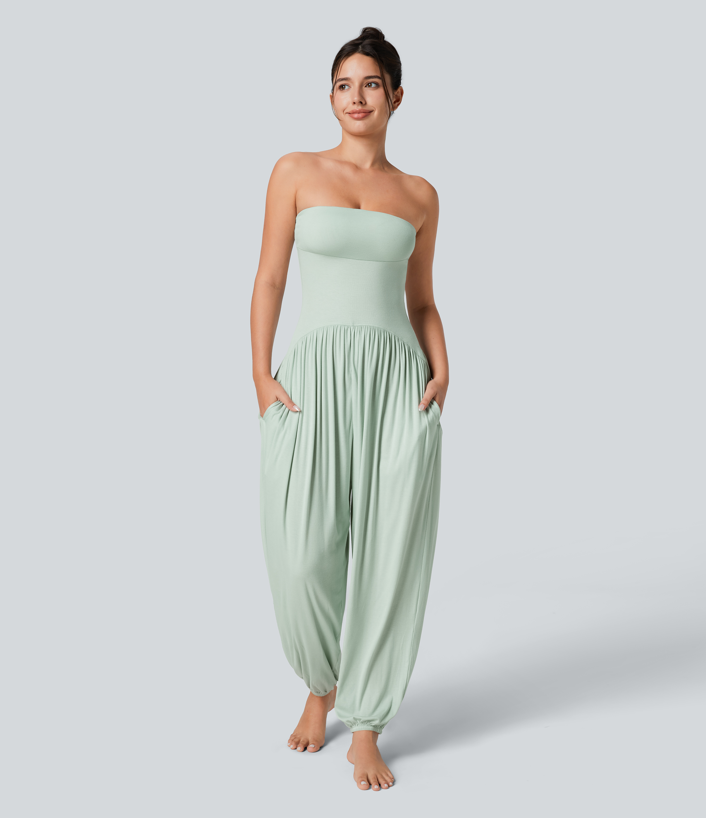 Ribbed Tube Backless Side Pocket Casual Jumpsuit  - Fairest Jade