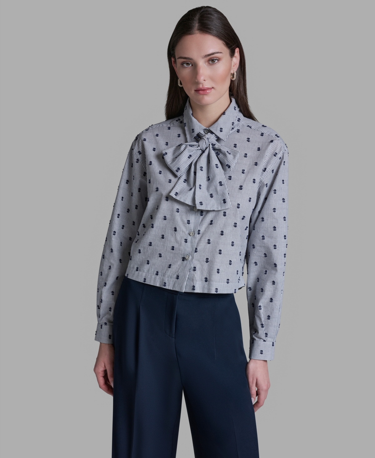 Women's Tie-Neck Long-Sleeve Stripe Top - Indigo/white