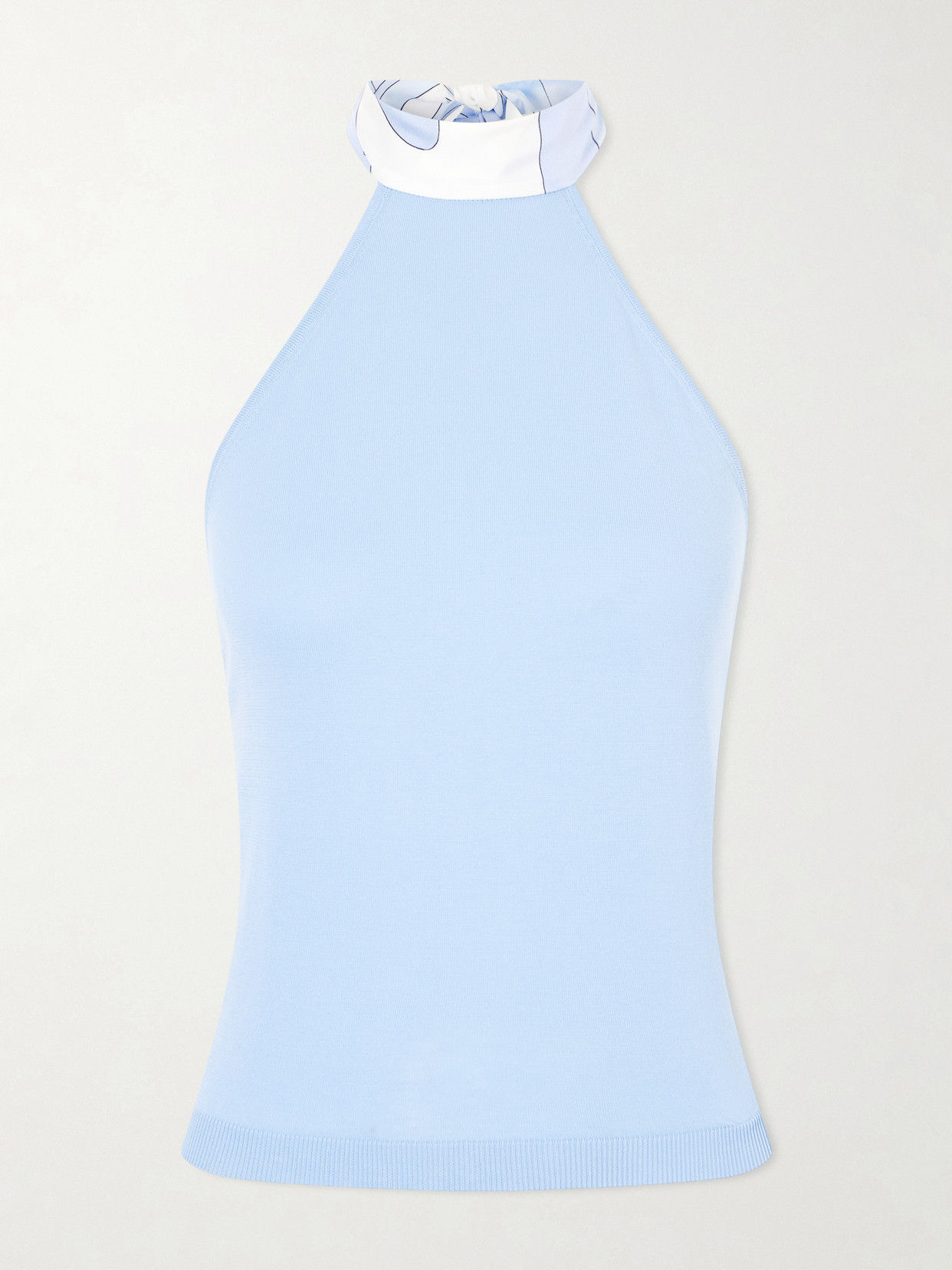 Printed Silk-trimmed Cotton Halterneck Top - Blue