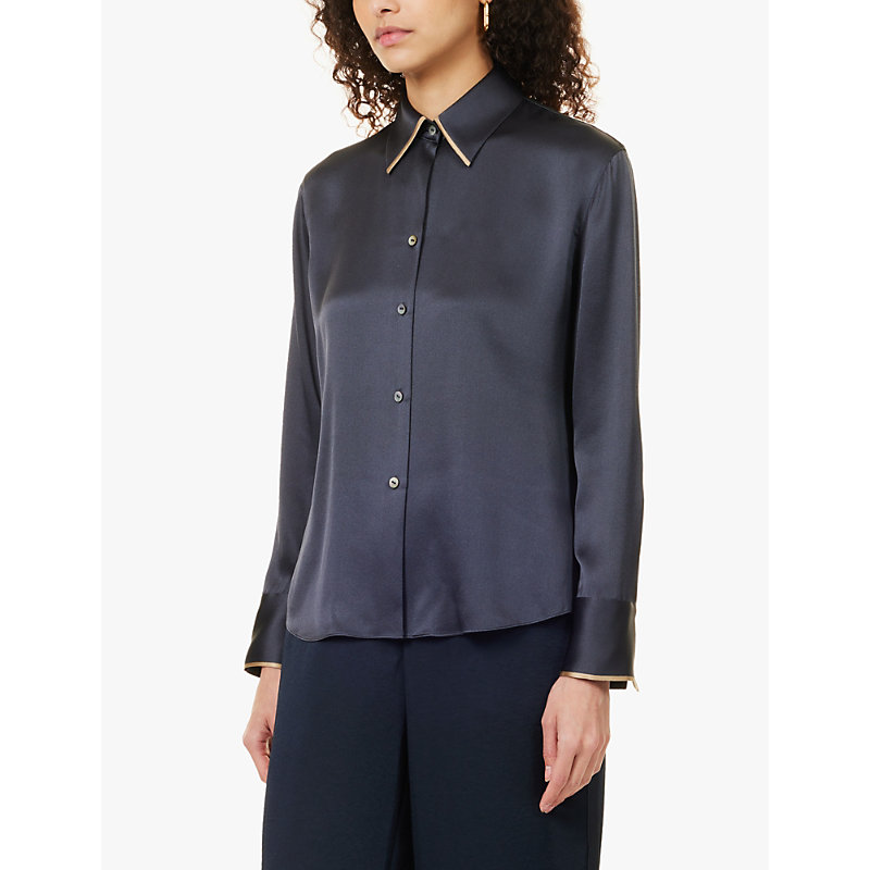 Womens Graphite Contrast-tipping Long-sleeve Silk Shirt S
