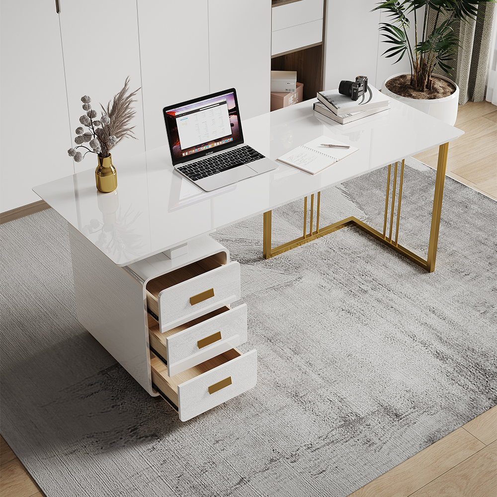 1400 mm moderner weißer Schreibtisch mit Schubladen und Aktenschrank in goldenem Sockel