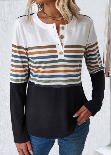 Modlily Multi Color Patchwork Striped Long Sleeve T Shirt