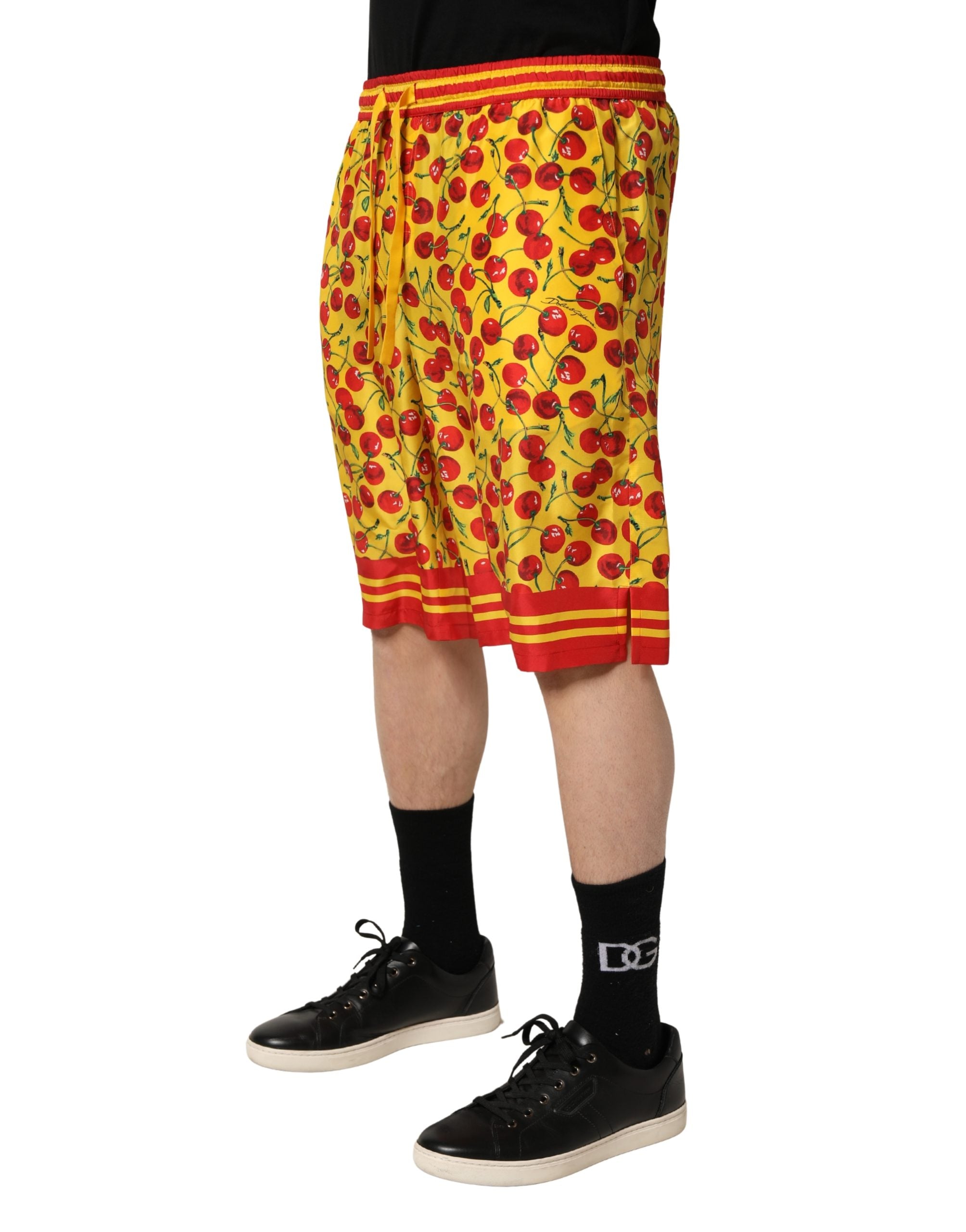 Cherry Print Silk Bermuda Shorts — Yellow