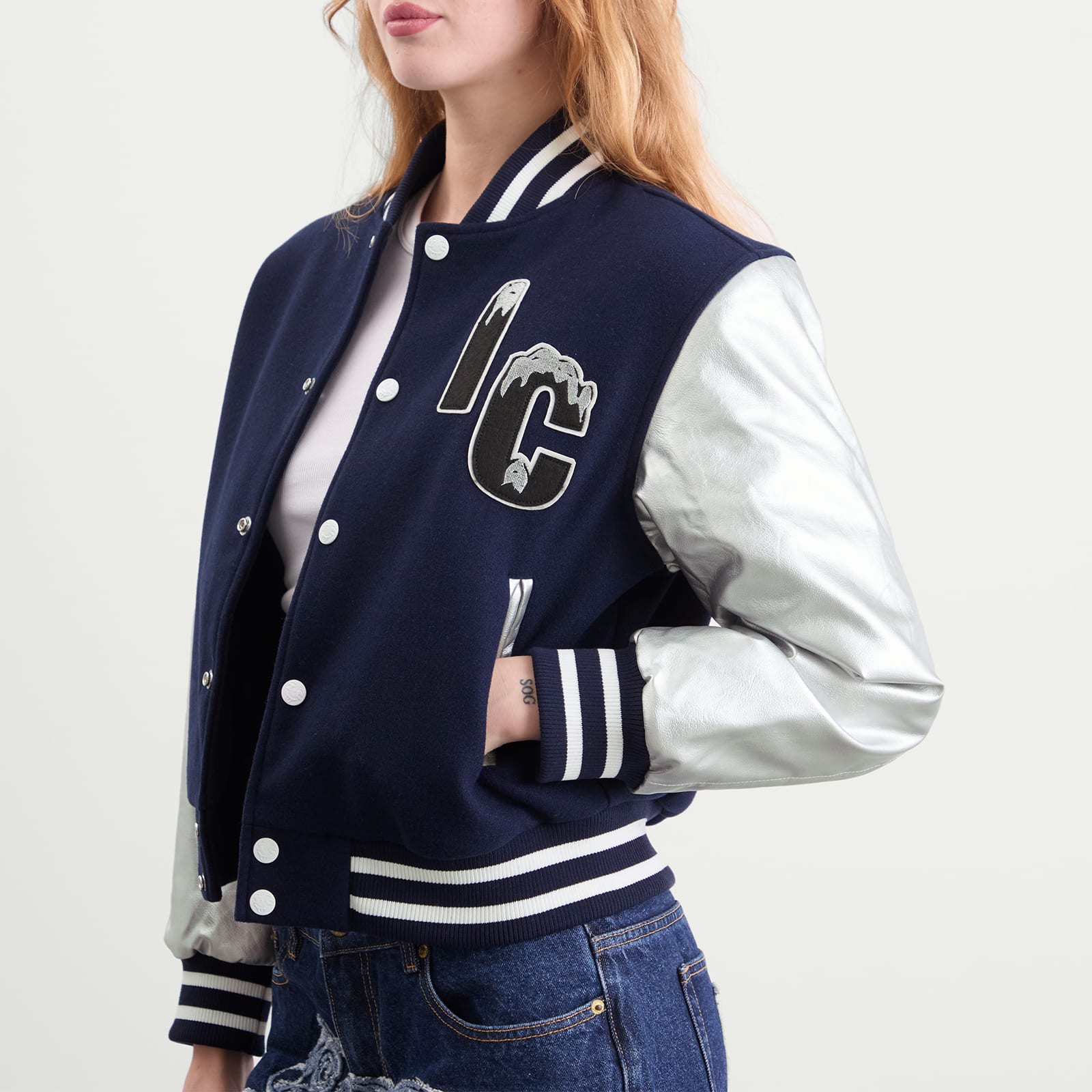Women's Cherry Varsity Jacket Navy/Silver