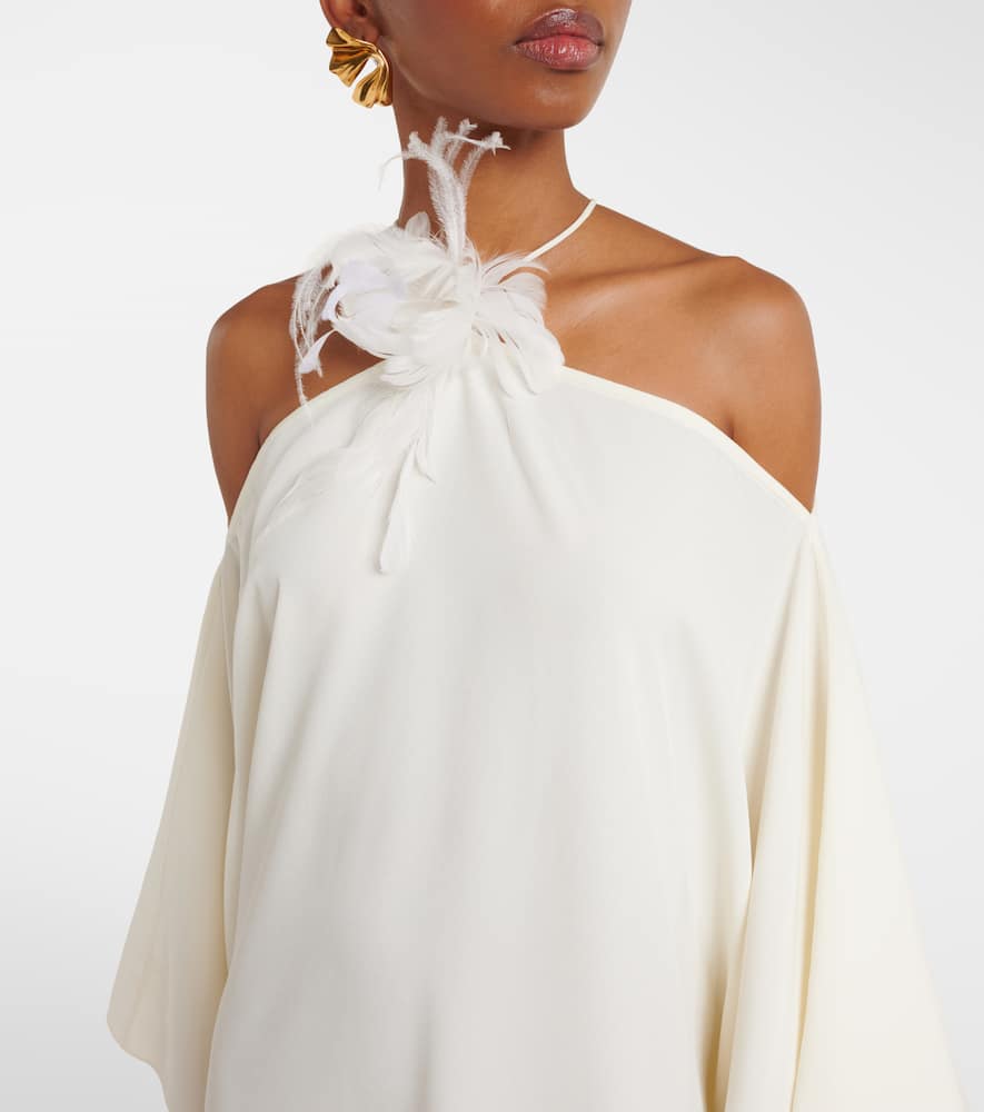 Feather-trimmed off-shoulder gown