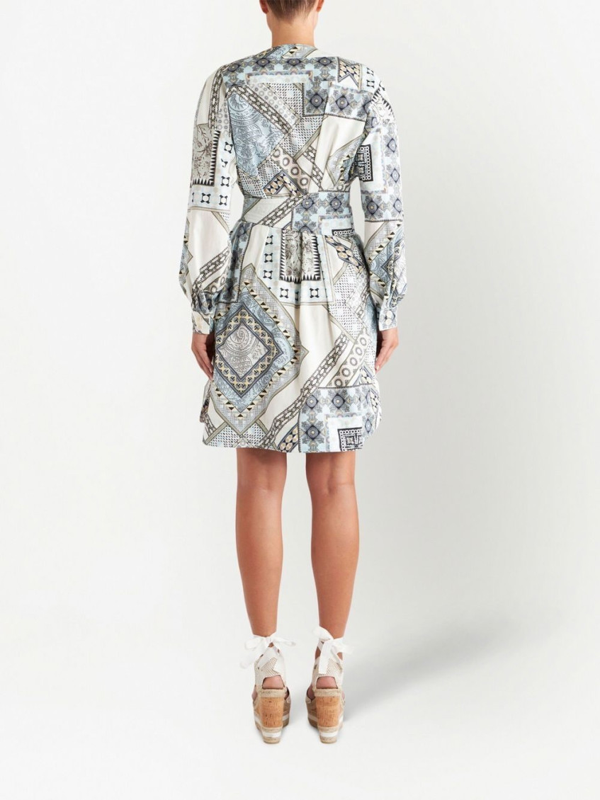 Sky Blue Multicolor Mix-print Belted Dress