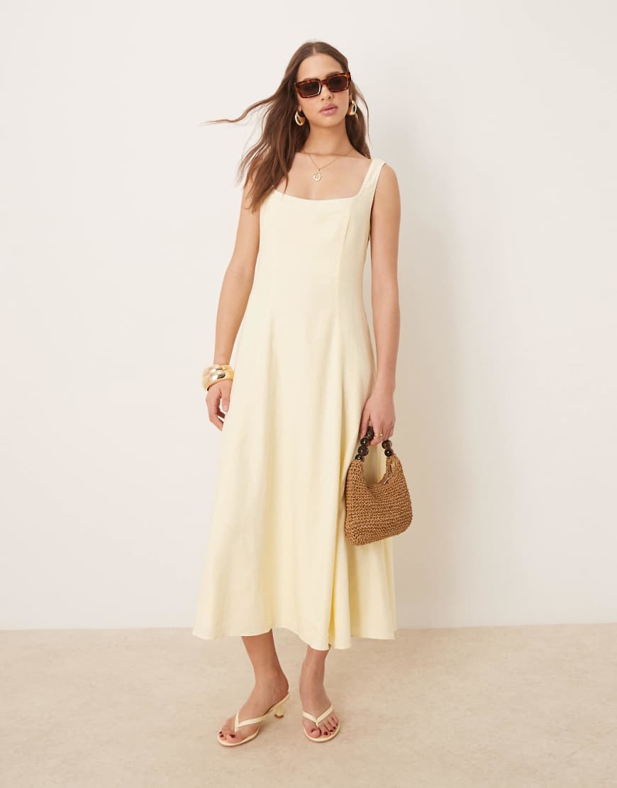 Ever New linen blend contrast stitch midaxi dress in lemon-Yellow