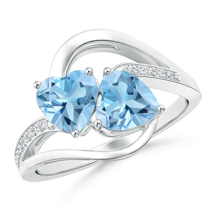 Angara 1.84 Carats Two Stone Heart Swiss Blue Topaz Bypass Ring with Diamonds in Platinum