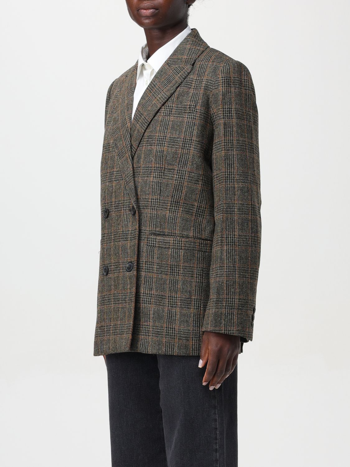 Checked wool double-breasted blazer - Brown
