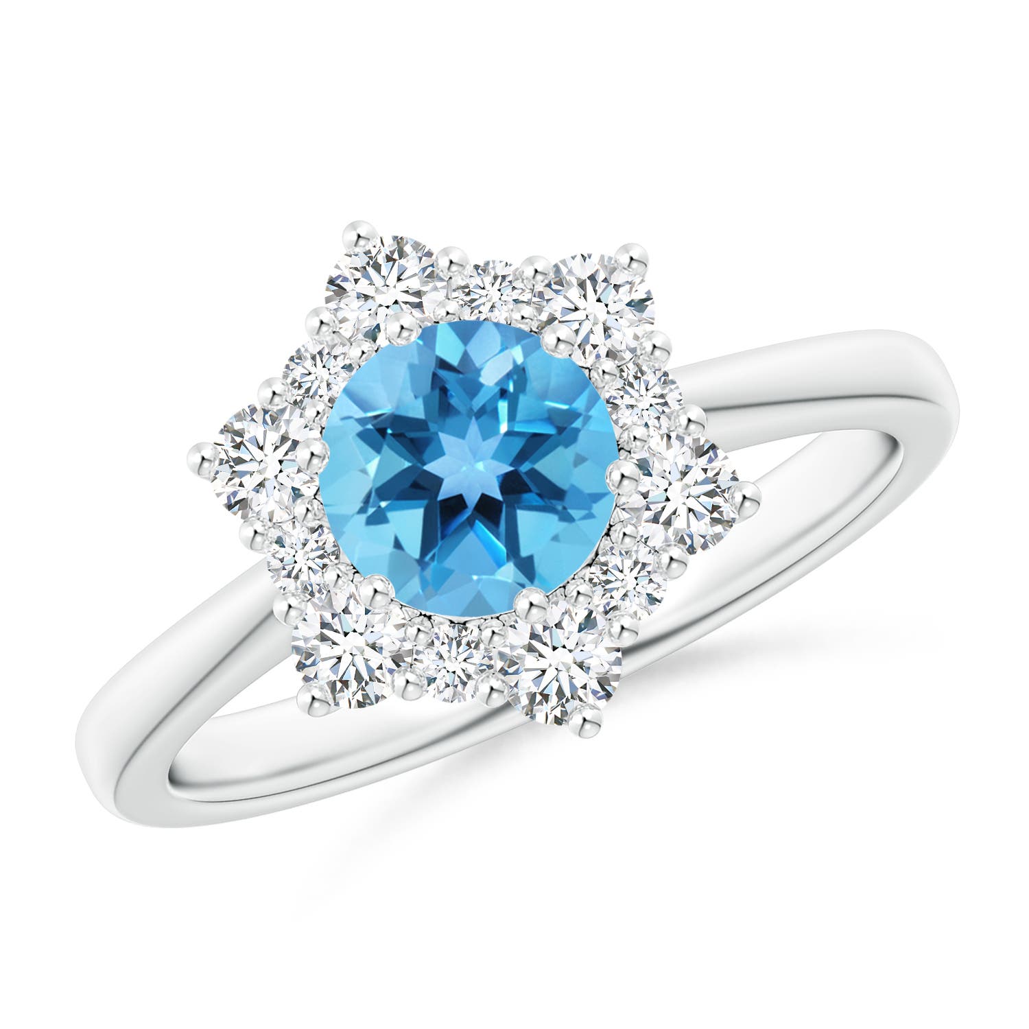 Angara 0.95 Carat Swiss Blue Topaz and Diamond Floral Halo Engagement Ring in Platinum