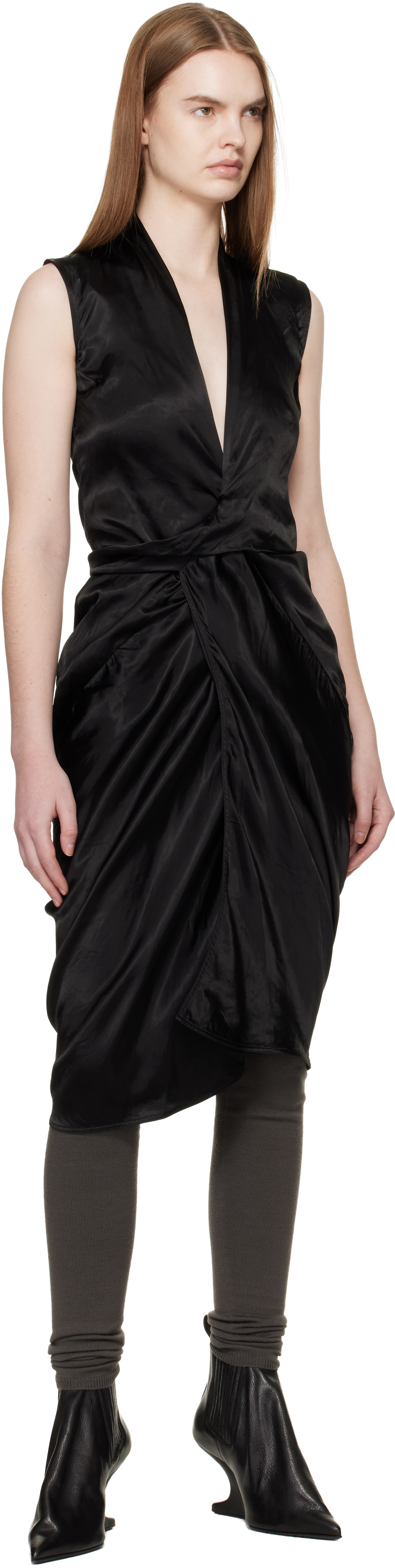 Black Temple Wrap SL Midi Dress