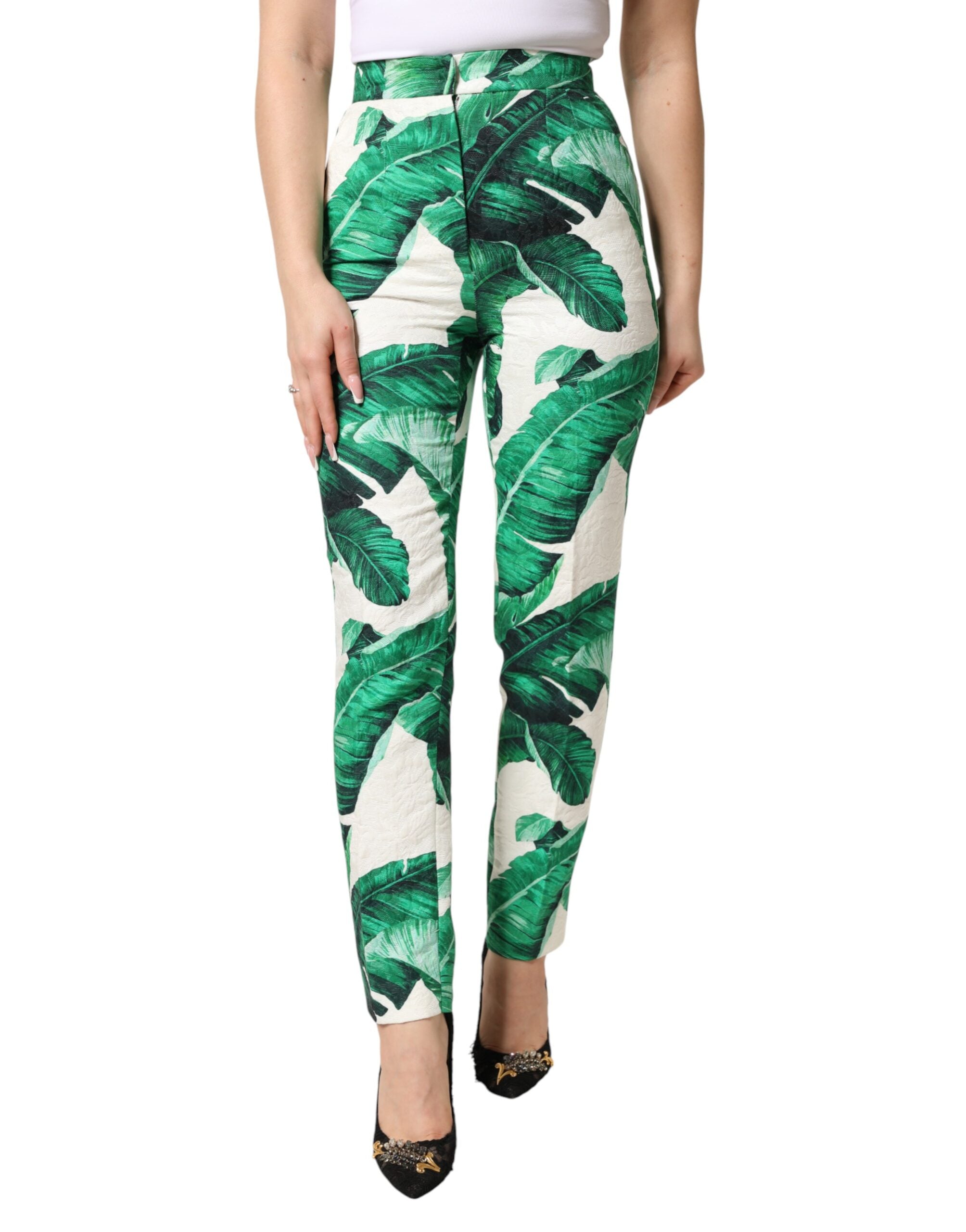 Green Leaf Print Trousers — White