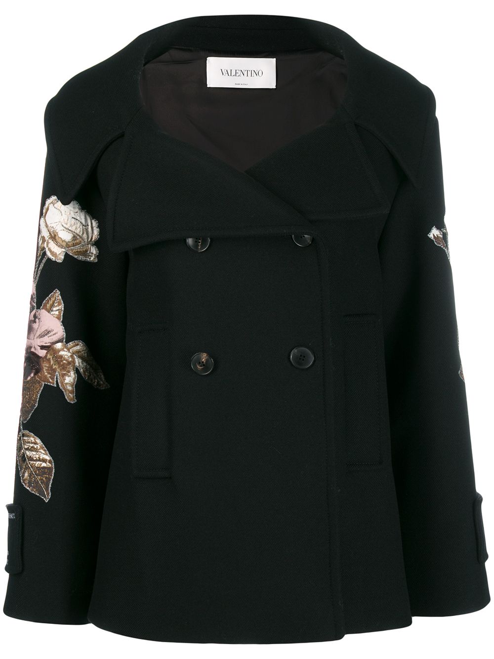 Valentino Garavani floral embroidered patch sleeve coat - Black