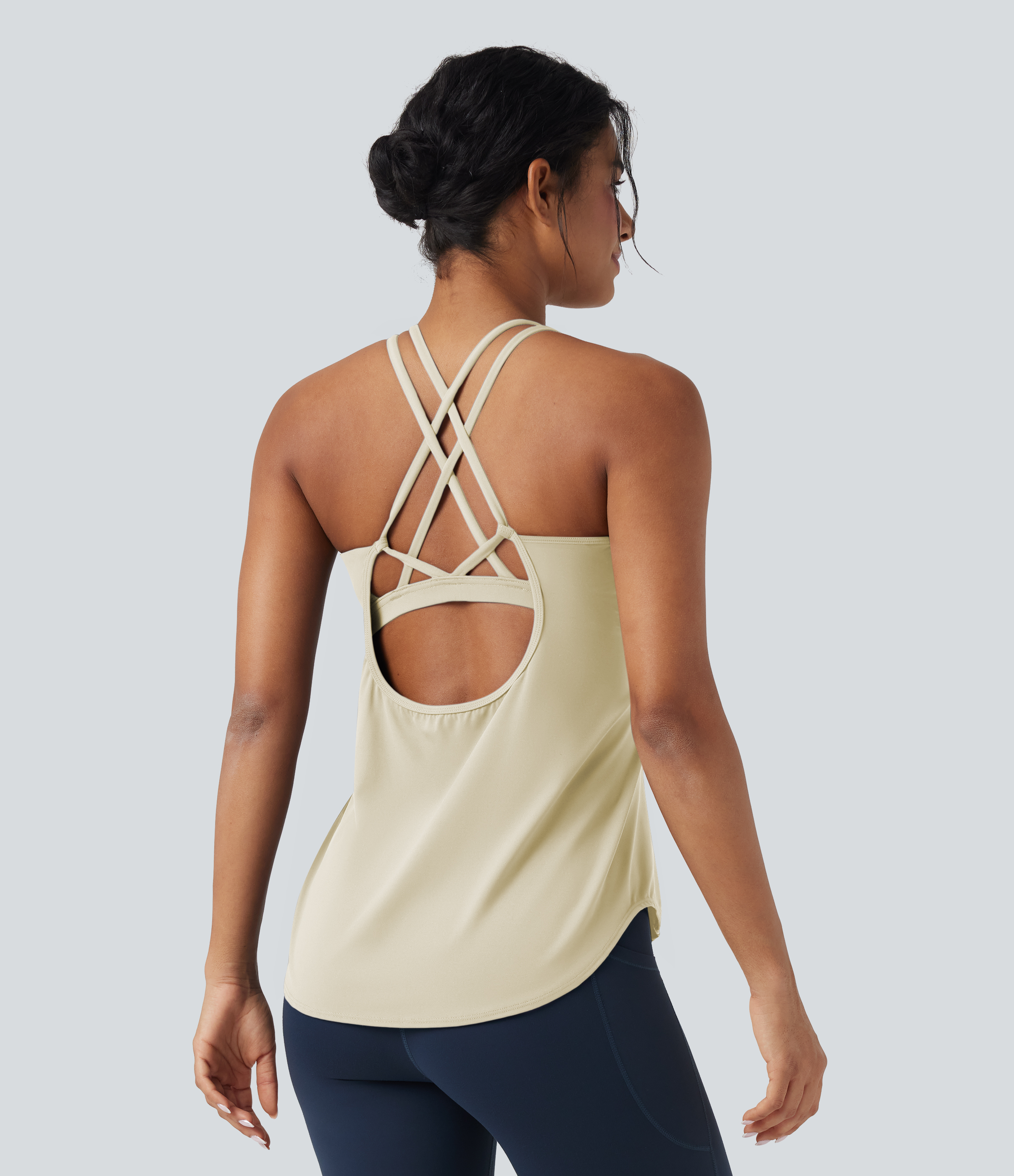 UltraSculpt™ Round Neck Crisscross Back Running Tank Tops DD-F Cups Tank Top - Almond Milk