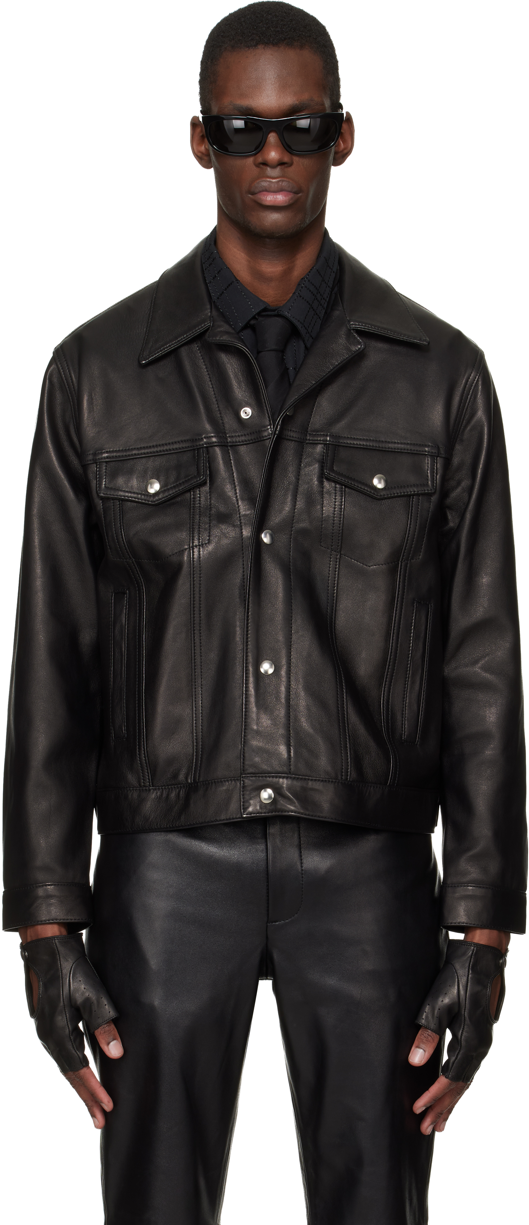 Black Diamond Spread Collar Leather Jacket
