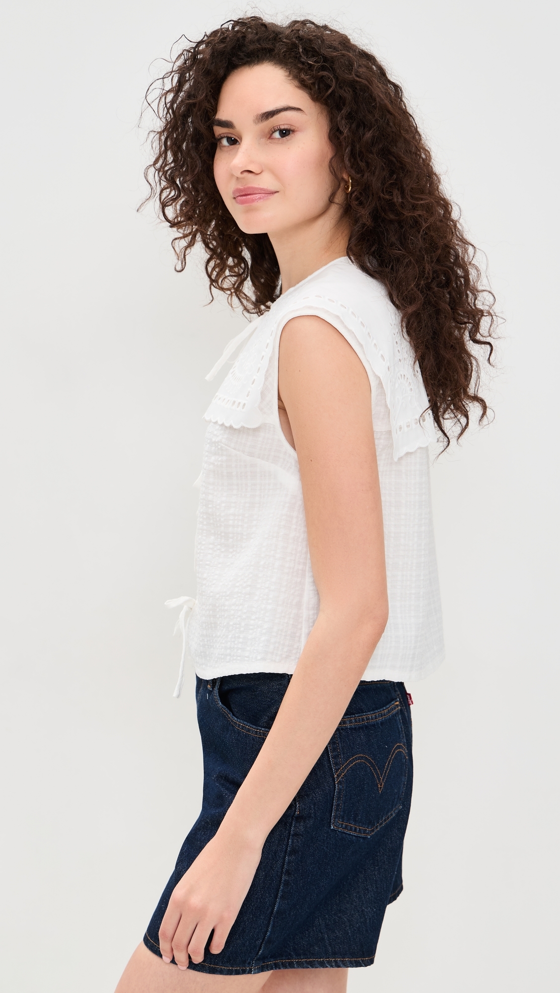 Cutwork Collar Tie Front Blouse White
