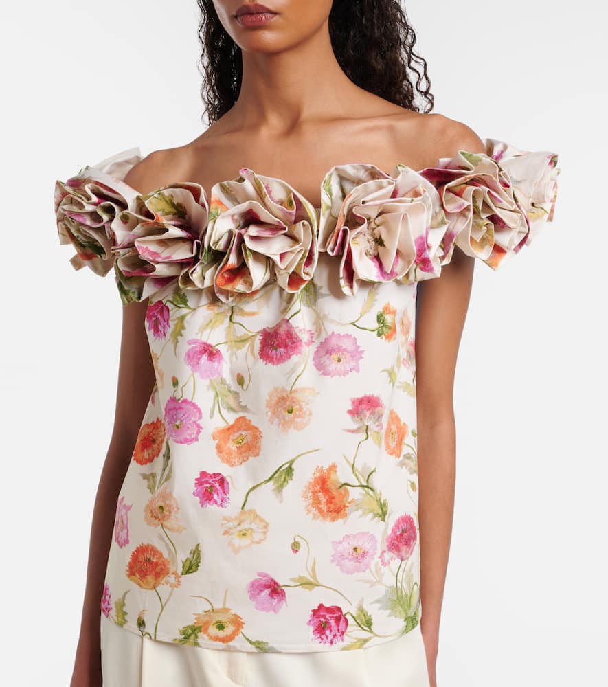 Floral-appliqué off-shoulder cotton-blend top