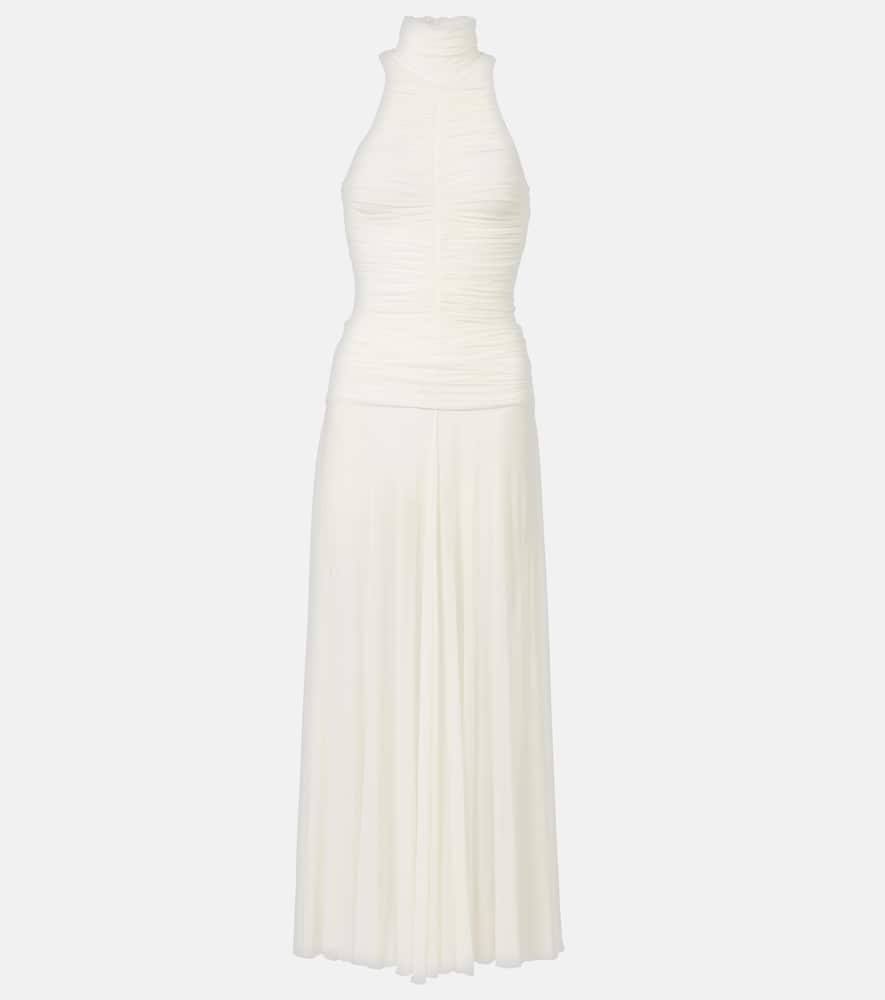 Ruched sheer high-neck maxi dress