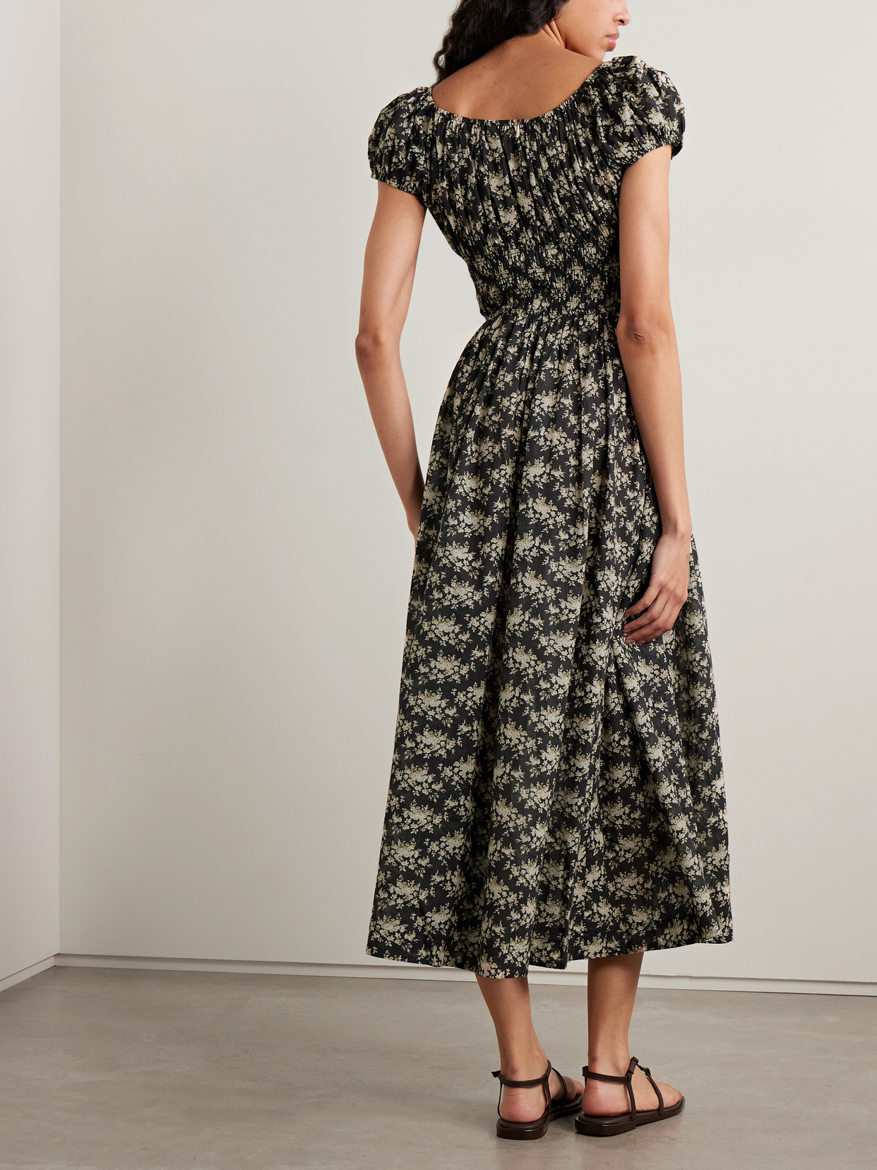 Quinley Shirred Floral-print Organic Cotton-voile Midi Dress - Black