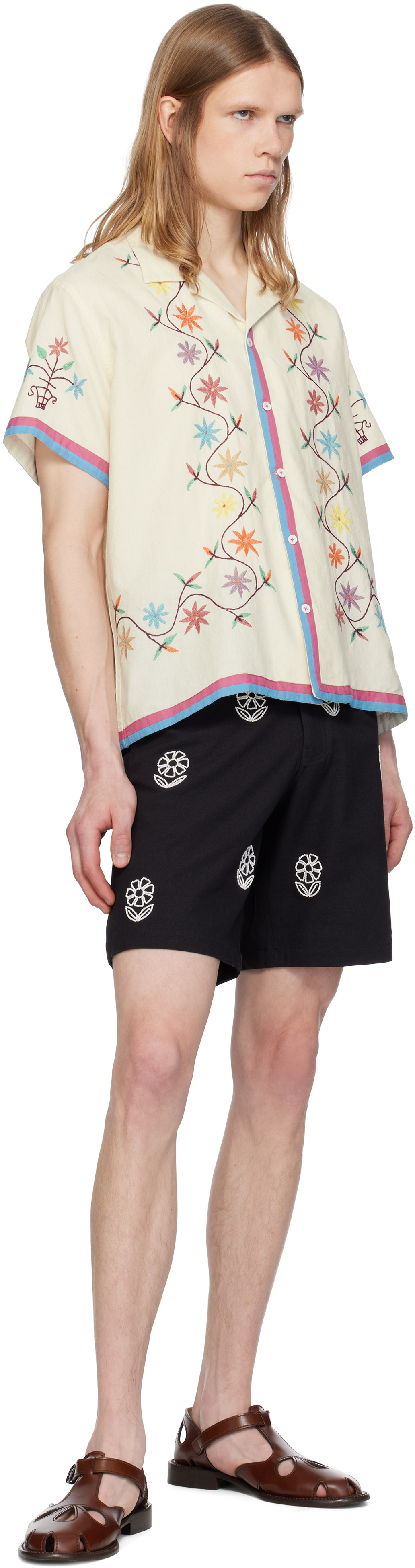 HARAGO Black Beadwork Embroidered Long Shorts