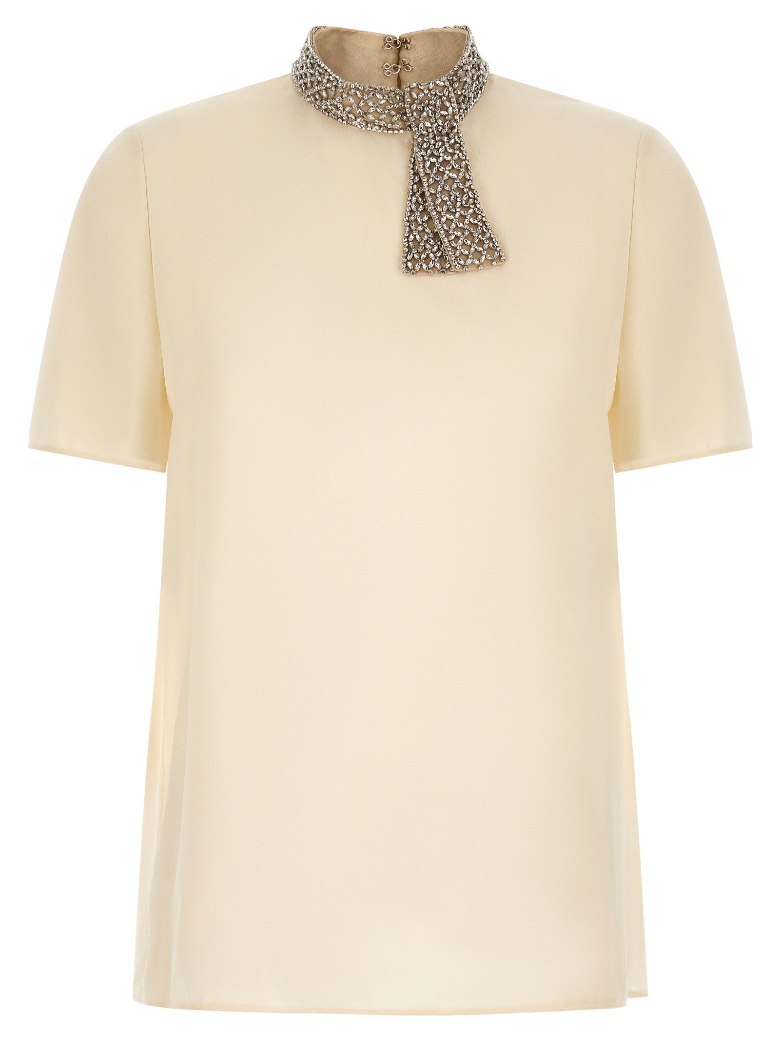 Crystal-Embellished Collar Blouse — Cream
