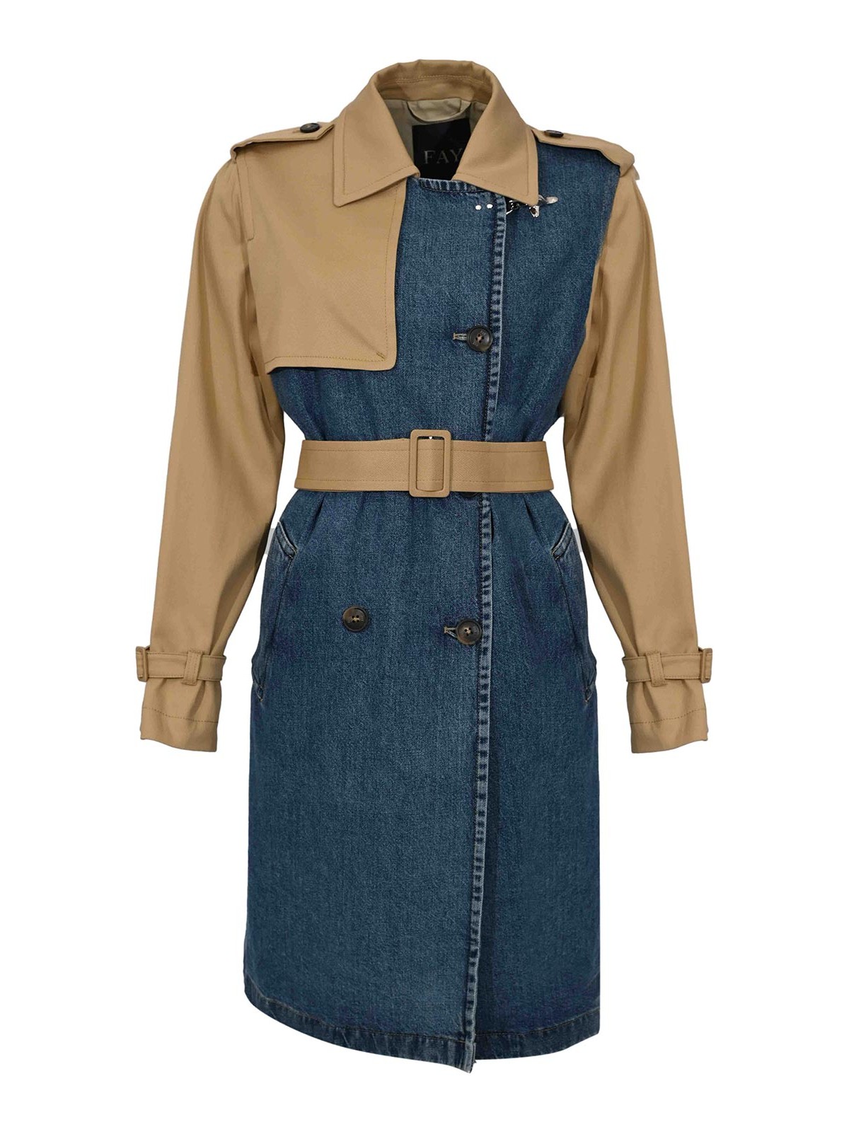 Blue/Beige Cotton Drill and Denim Trench Coat