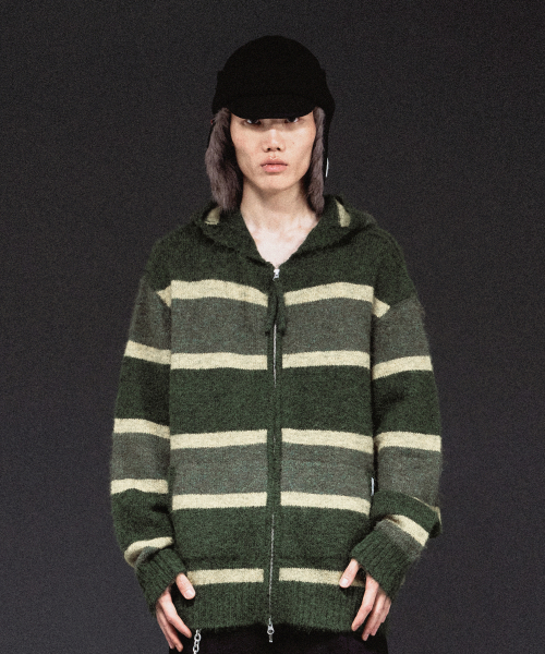 STRIPE KNIT HOODIE ZIP-UP KHAKI