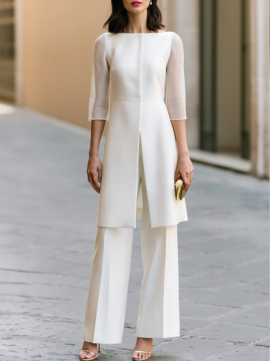 Sheer Sleeve Split-Front Tunic And Wide-Leg Pants Set - White