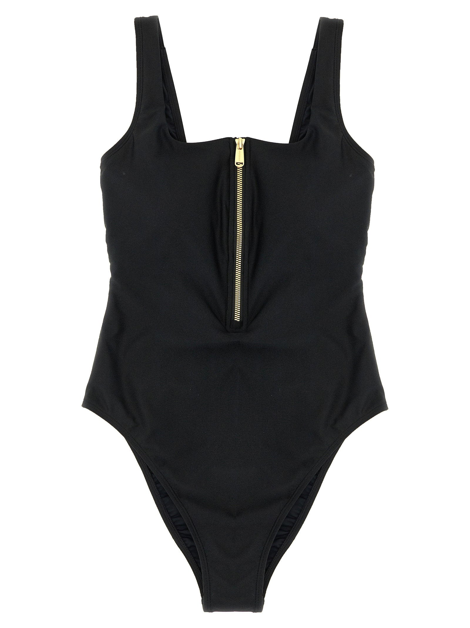 Square-Neck Zip Front One-Piece Swimsuit — Black
