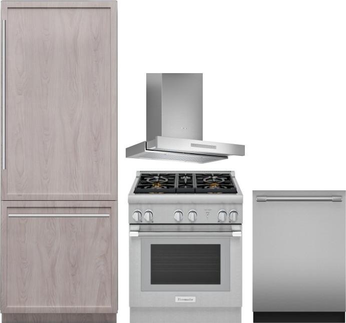 Thermador 4 Piece Kitchen Appliances Package with Bottom Freezer Refrigerator, Gas Range and Dishwasher in Panel Ready THRERADWRH