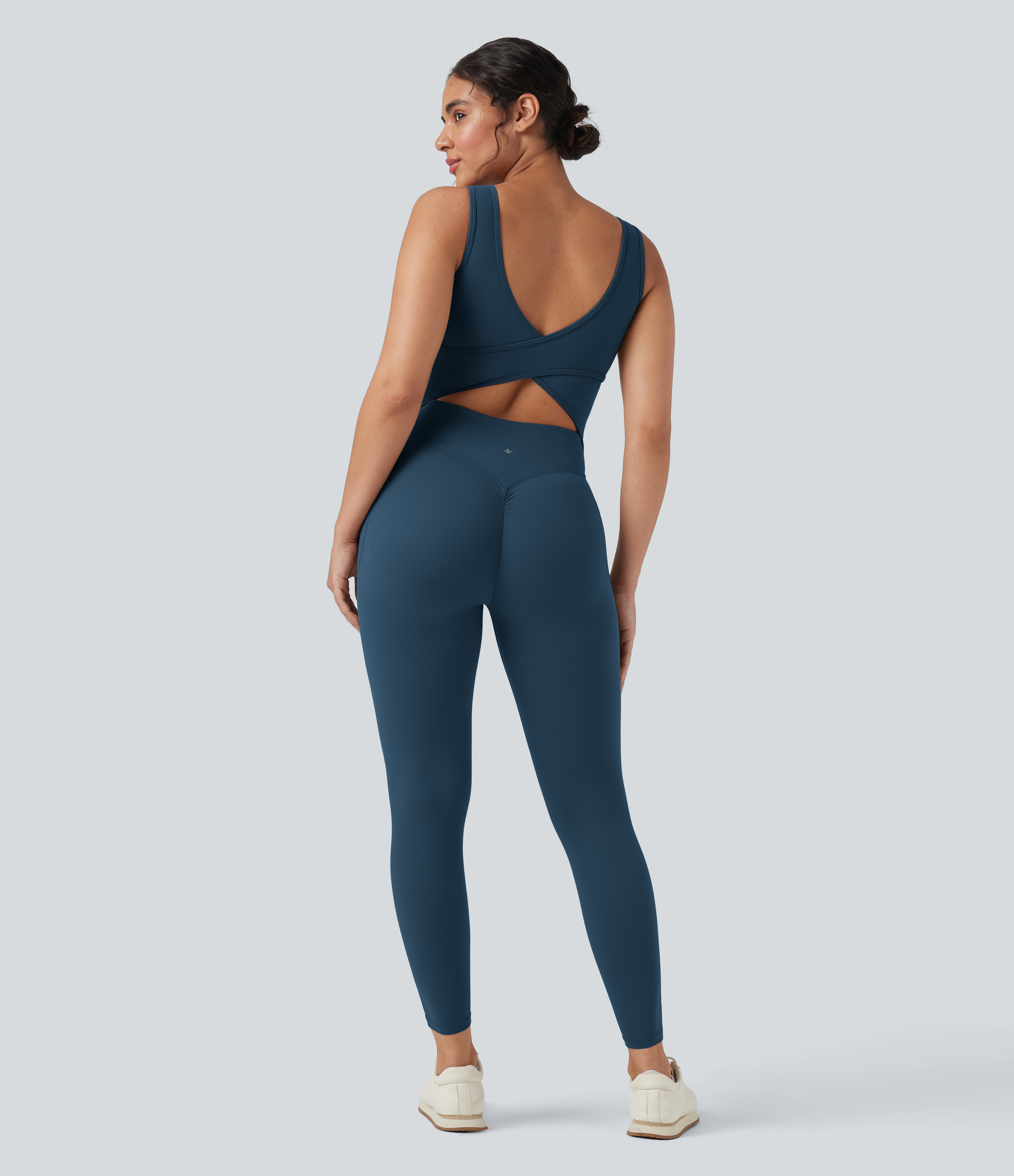 UltraSculpt™ V Neck Tummy Control Butt Lifting Workout Jumpsuit with Pockets Workout Dress - Majolica Blue