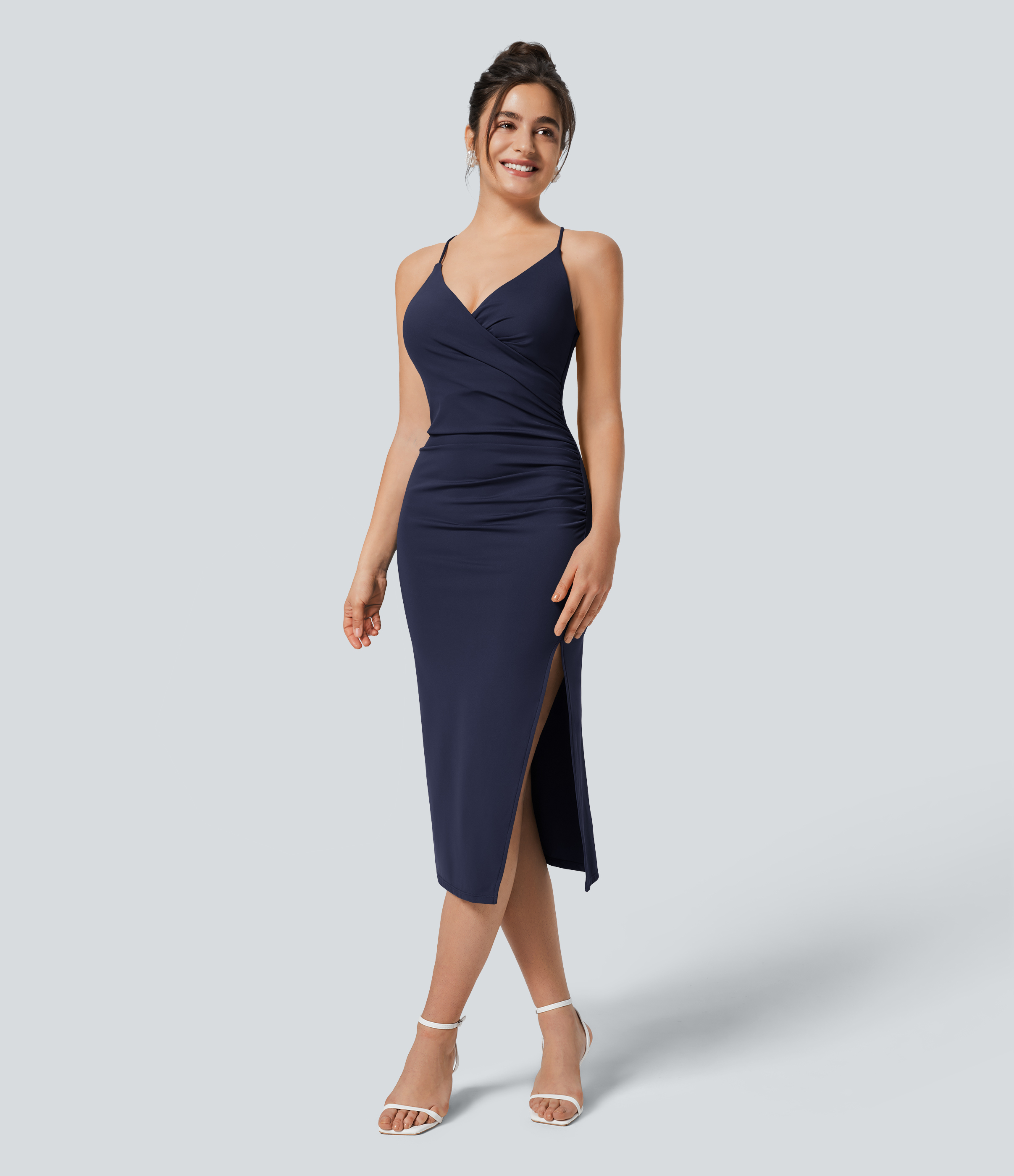 SoftlyZero™ Airy Crossover Ruched Lace Up Bodycon Cool Touch Dress-UPF50+ Casual Dress - Peacoat