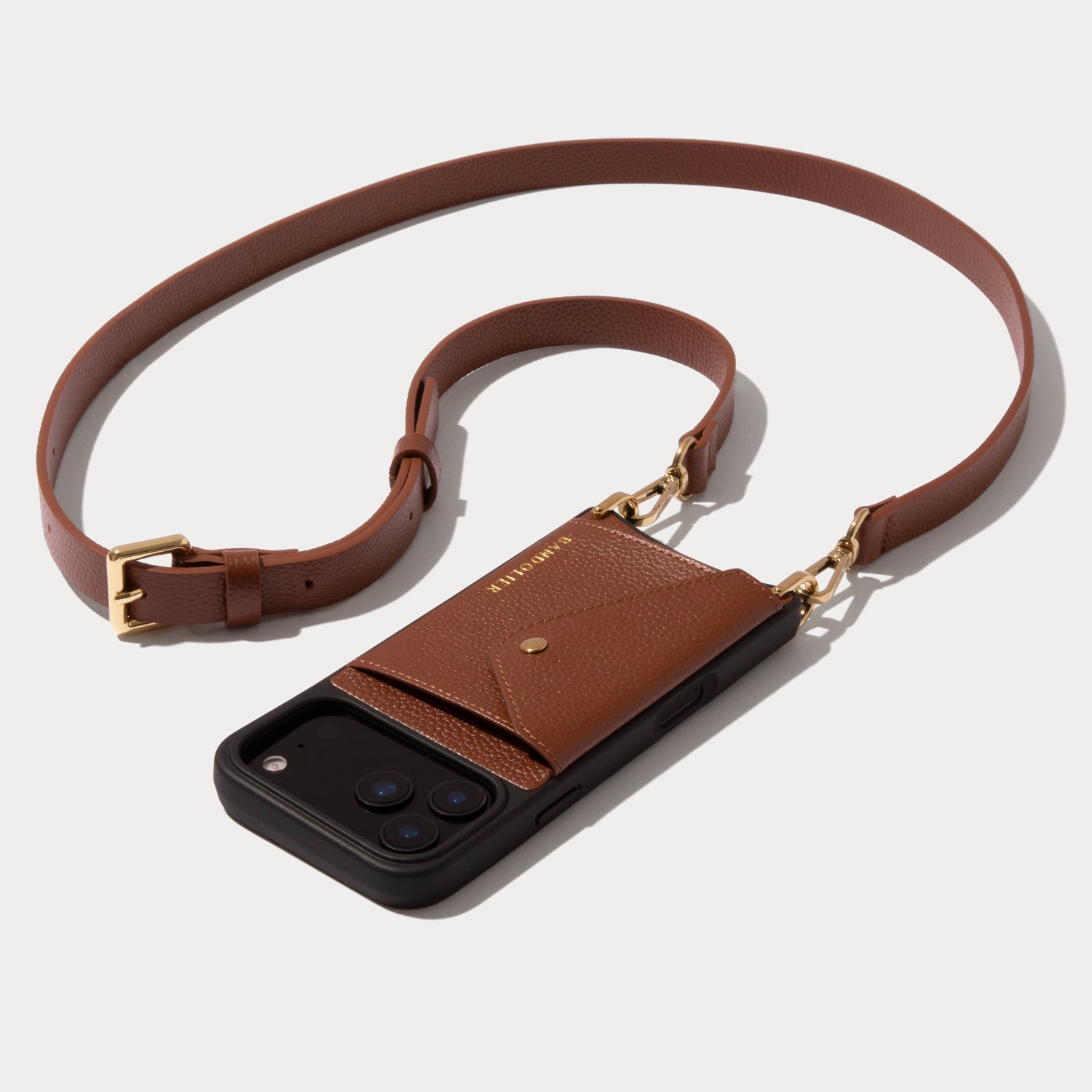 Hailey Side Slot Leather Crossbody Bandolier in Cognac/Gold | iPhone 16 Pro Max |